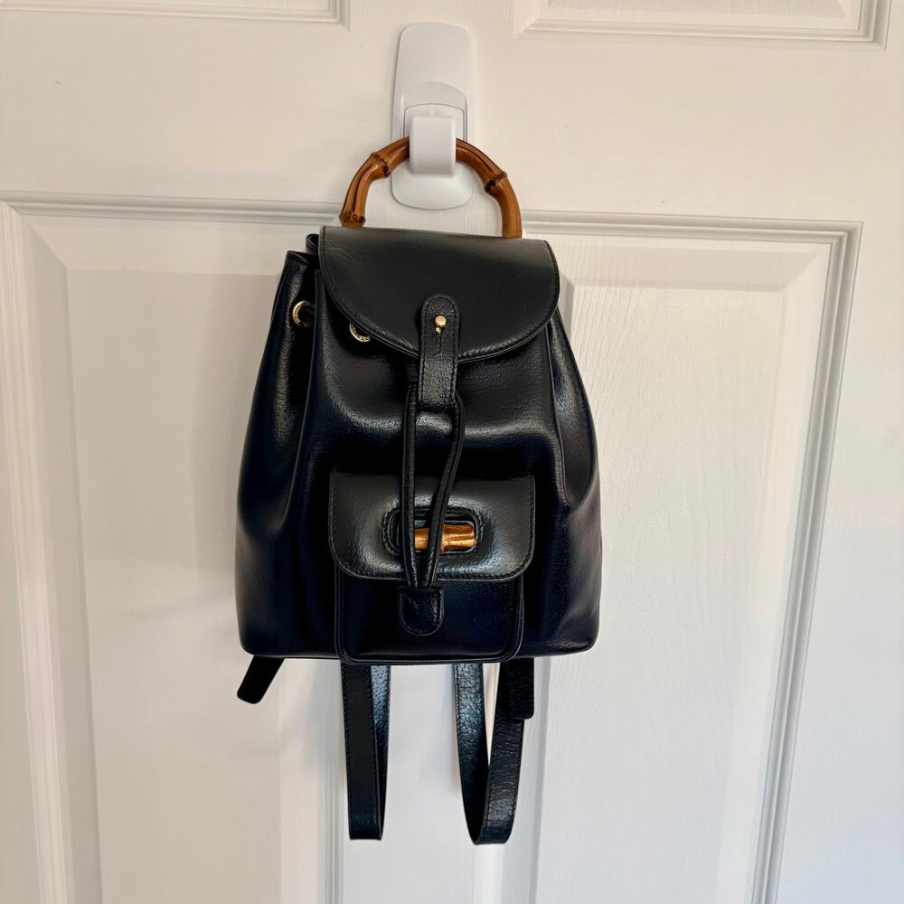 Authentic Gucci Bamboo Black Leather Drawstring Backpack Tote EUC